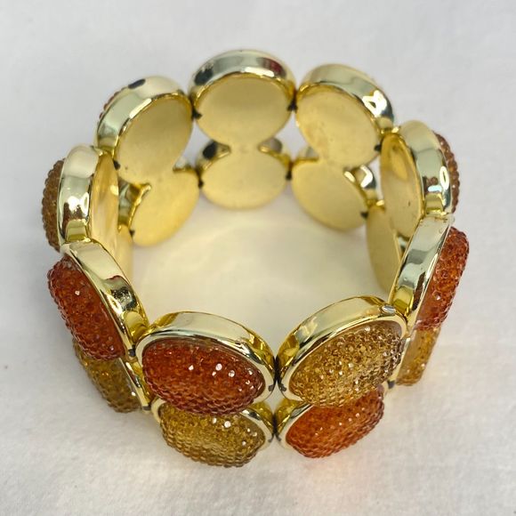 Stretch Bracelet Gold Tone Encircled Druzy Orange Yellow Lucite Stones - Picture 4 of 8